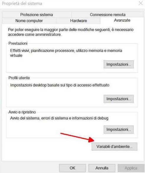 settare le variabili d'ambiente in windows 10