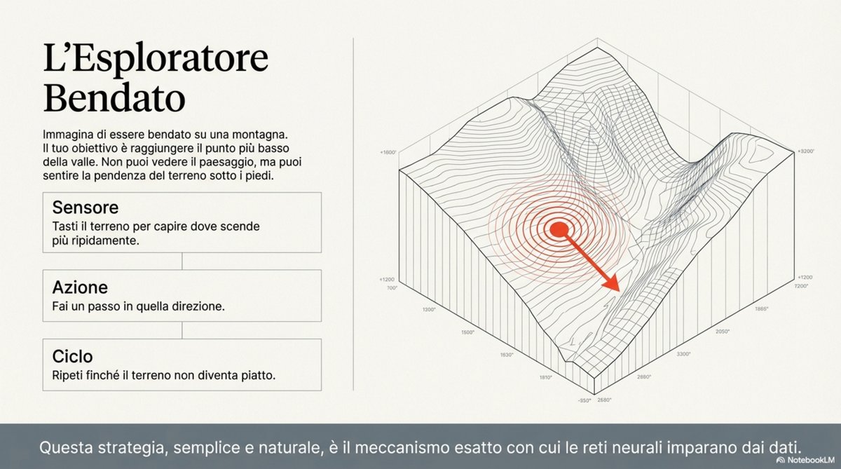 Infografica: la metafora dell'esploratore bendato che cerca il fondo della valle, con i tre passaggi Sensore, Azione, Ciclo
